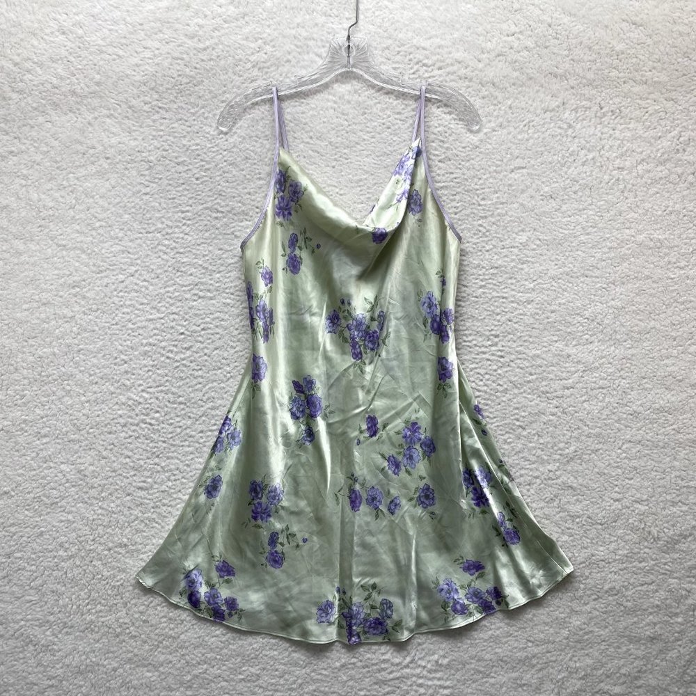 Jones New York Mint Green Purple Floral Satin Lingerie Chemise Slip Dress L